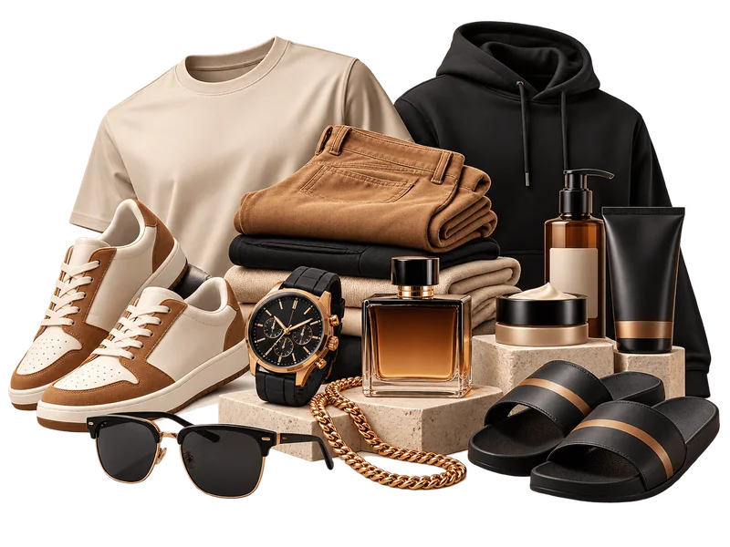 Composição de moda masculina com camiseta, moletom, calça, tênis, chinelos, relógio, óculos, corrente e produtos de cuidado pessoal